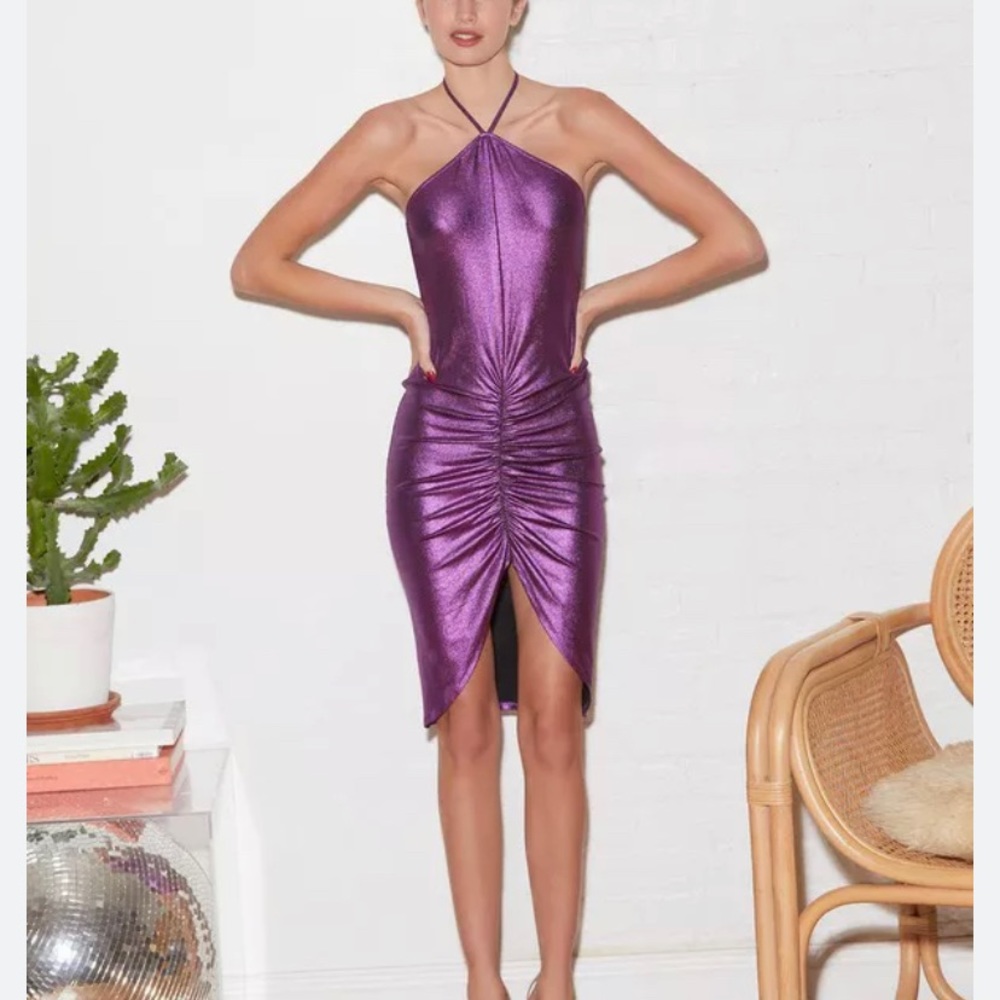 FLEUR DU MAL | ruched draped liquid halter dress fuchsia MEDIUM